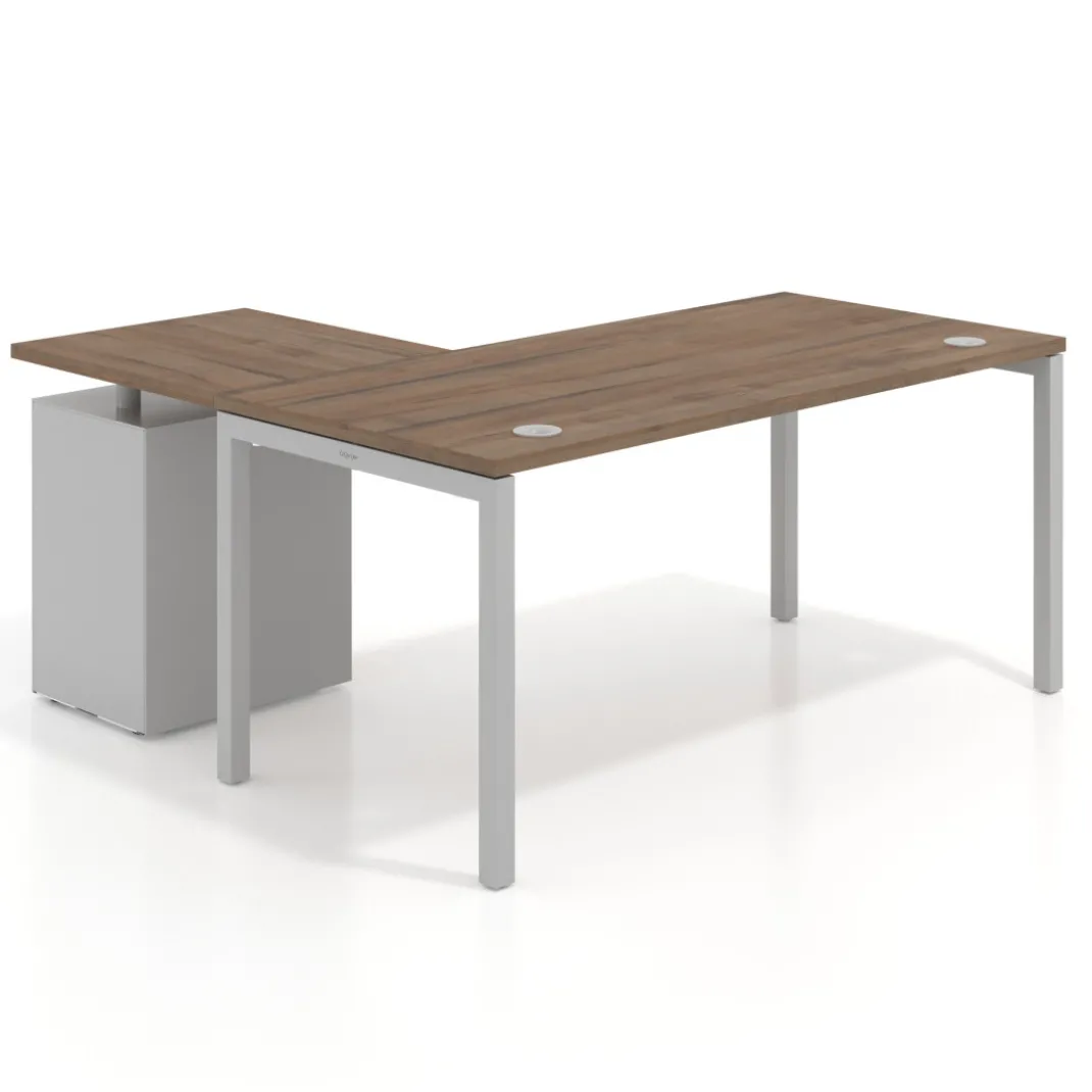 Mesa de oficina en L con cajones Kube fondo 80, ala corta, frontales melamina, estructura aluminio