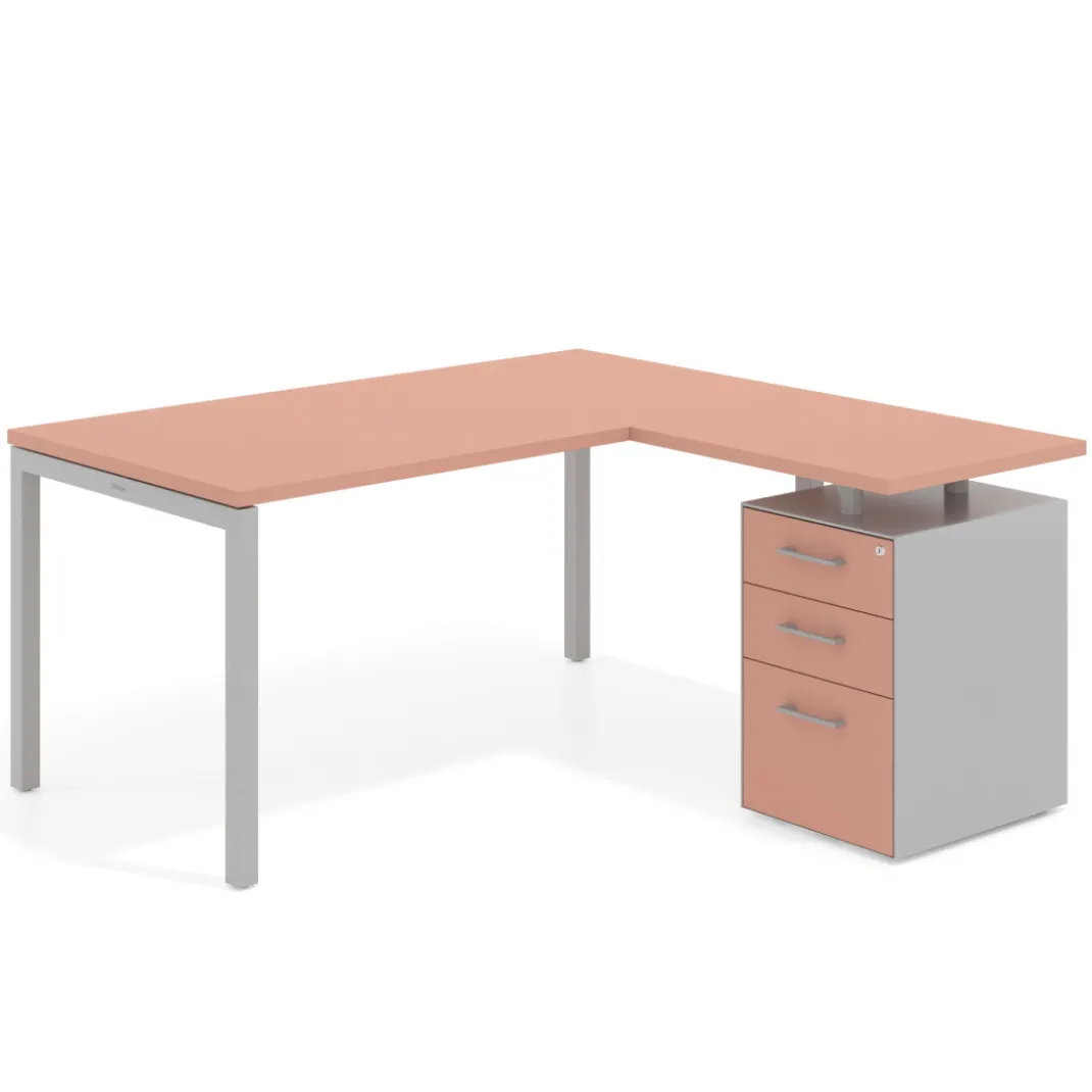 Mesa de oficina en L con cajones Kube fondo 80, ala corta, frontales melamina, estructura aluminio