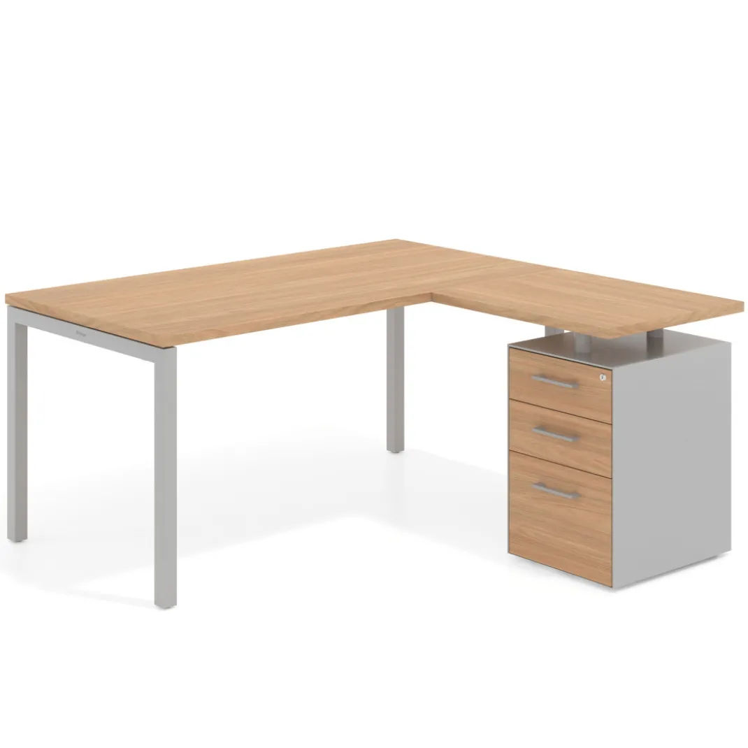 Mesa de oficina en L con cajones Kube fondo 80, ala corta, frontales melamina, estructura aluminio