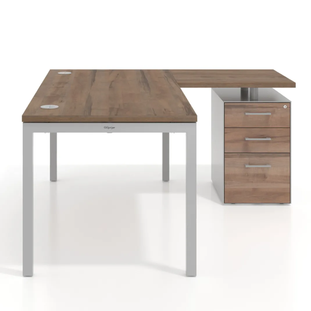 Mesa de oficina en L con cajones Kube fondo 80, ala corta, frontales melamina, estructura aluminio