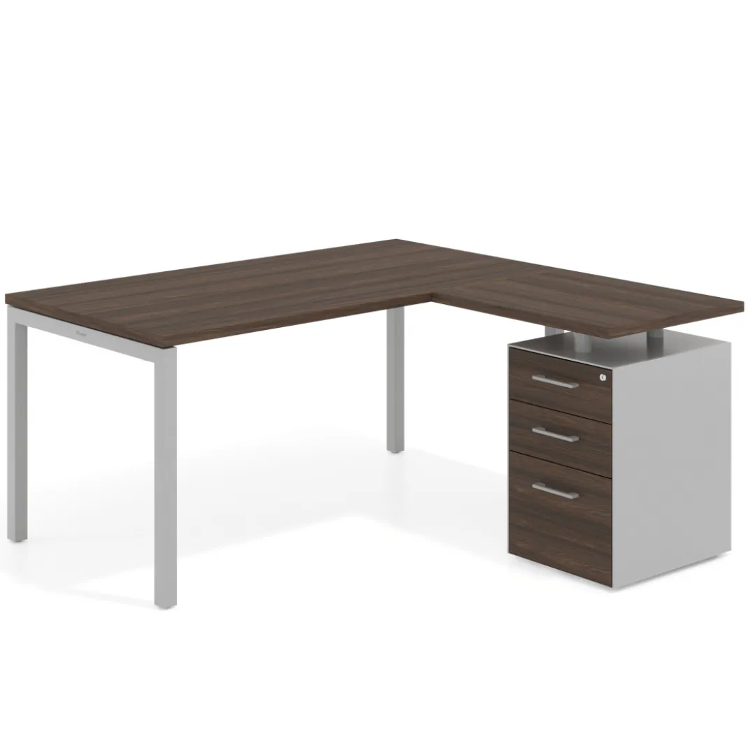 Mesa de oficina en L con cajones Kube fondo 80, ala corta, frontales melamina, estructura aluminio