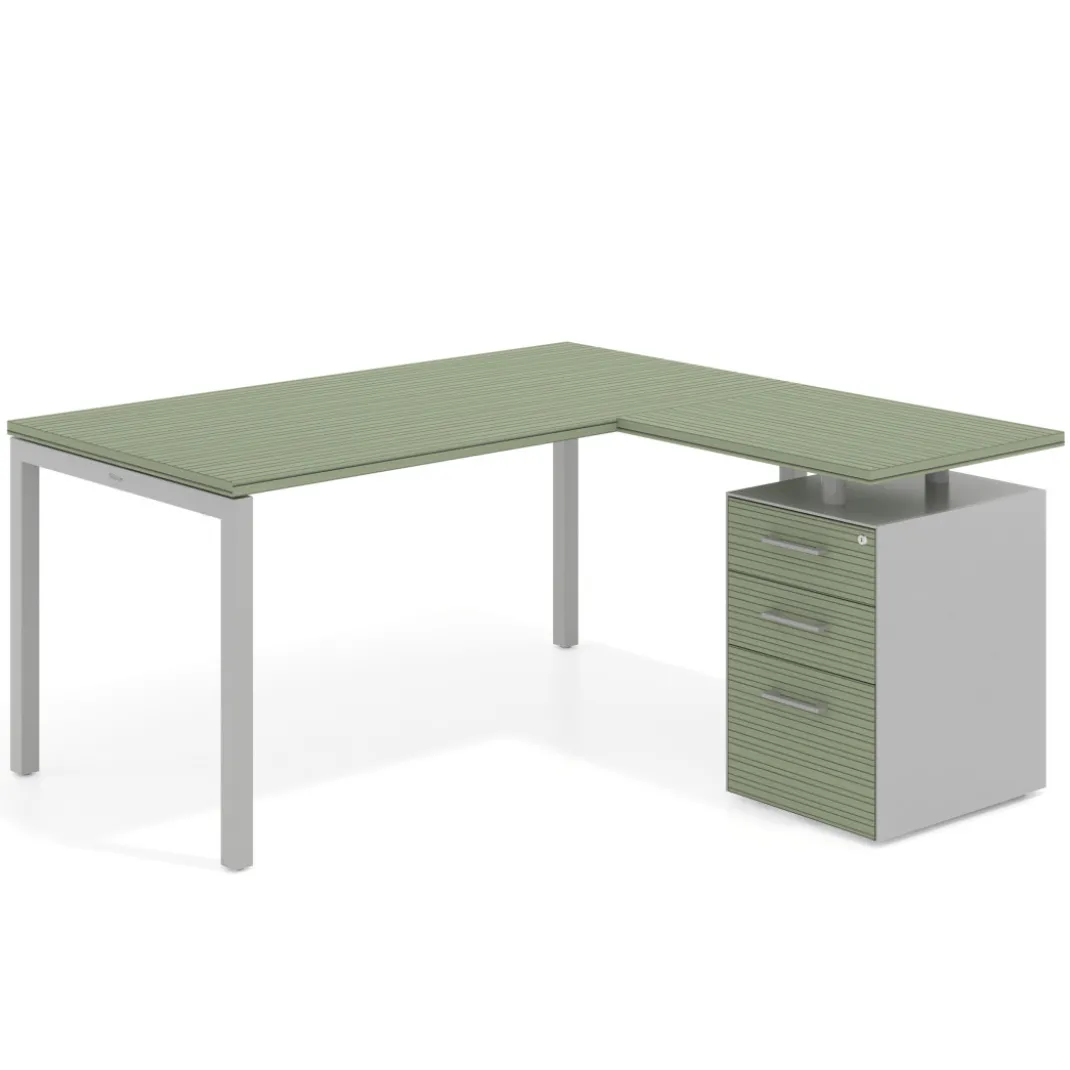 Mesa de oficina en L con cajones Kube fondo 80, ala corta, frontales melamina, estructura aluminio