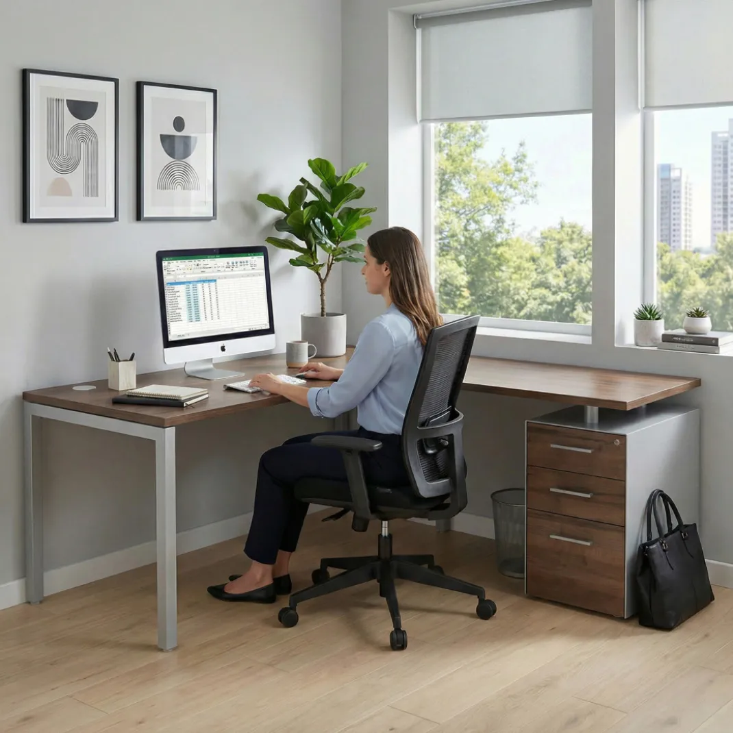 Mesa de oficina en L con cajones Kube fondo 80, ala corta, frontales melamina, estructura aluminio