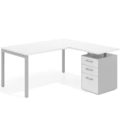 Mesa de oficina en L con cajones Kube fondo 80, ala corta, frontales melamina, estructura aluminio