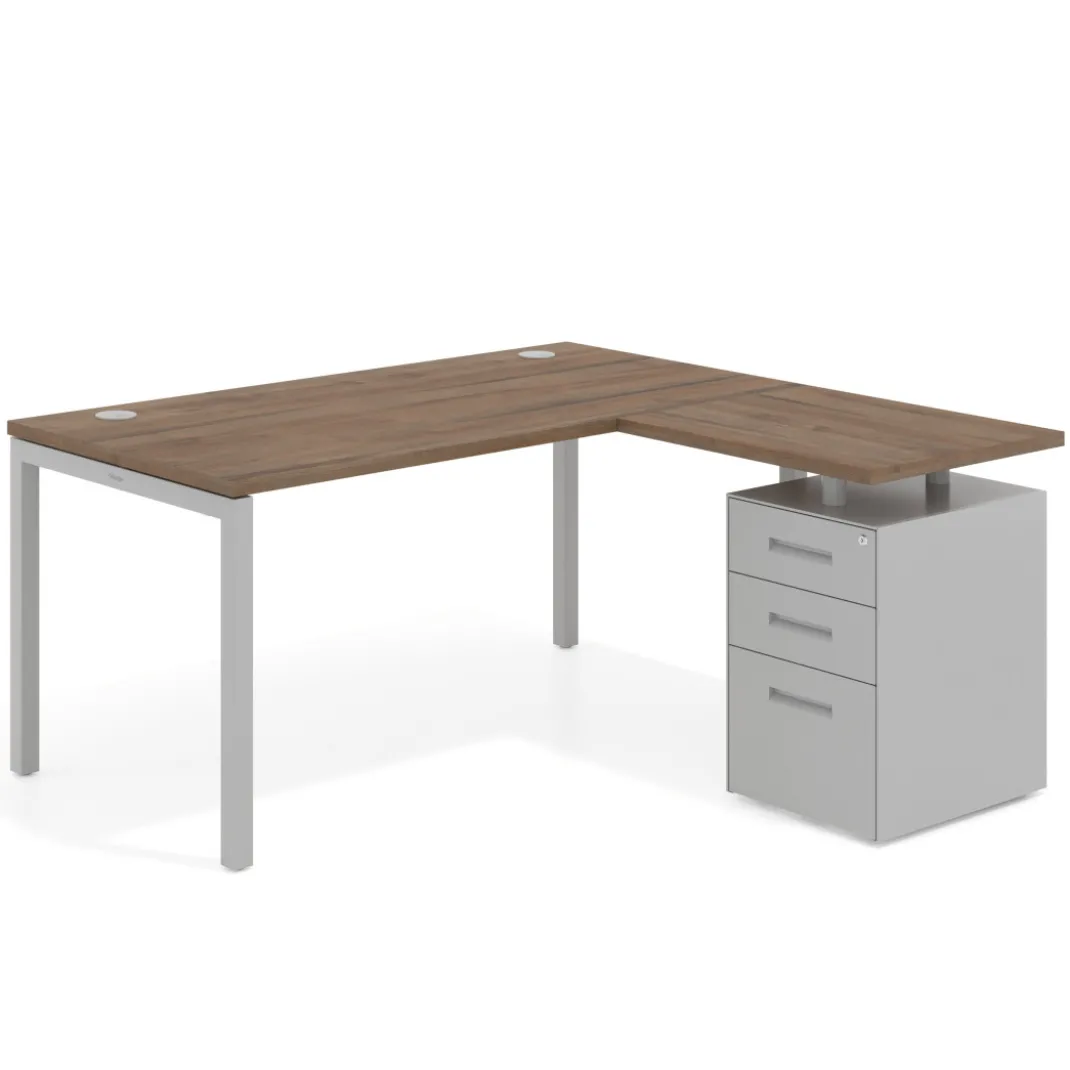 Mesa de oficina en L con cajones Kube fondo 80, ala corta, frontales metal, estructura aluminio