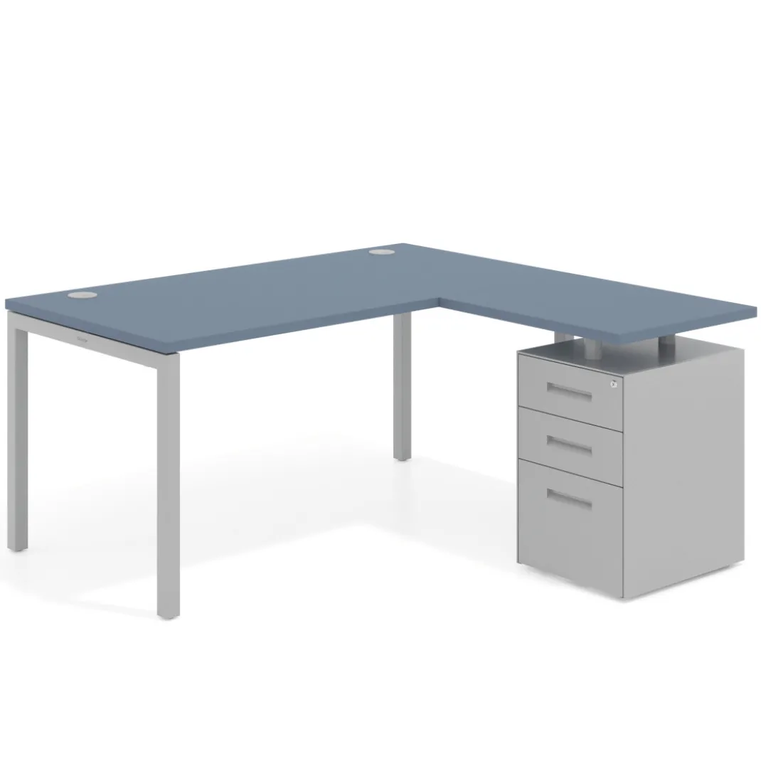Mesa de oficina en L con cajones Kube fondo 80, ala corta, frontales metal, estructura aluminio
