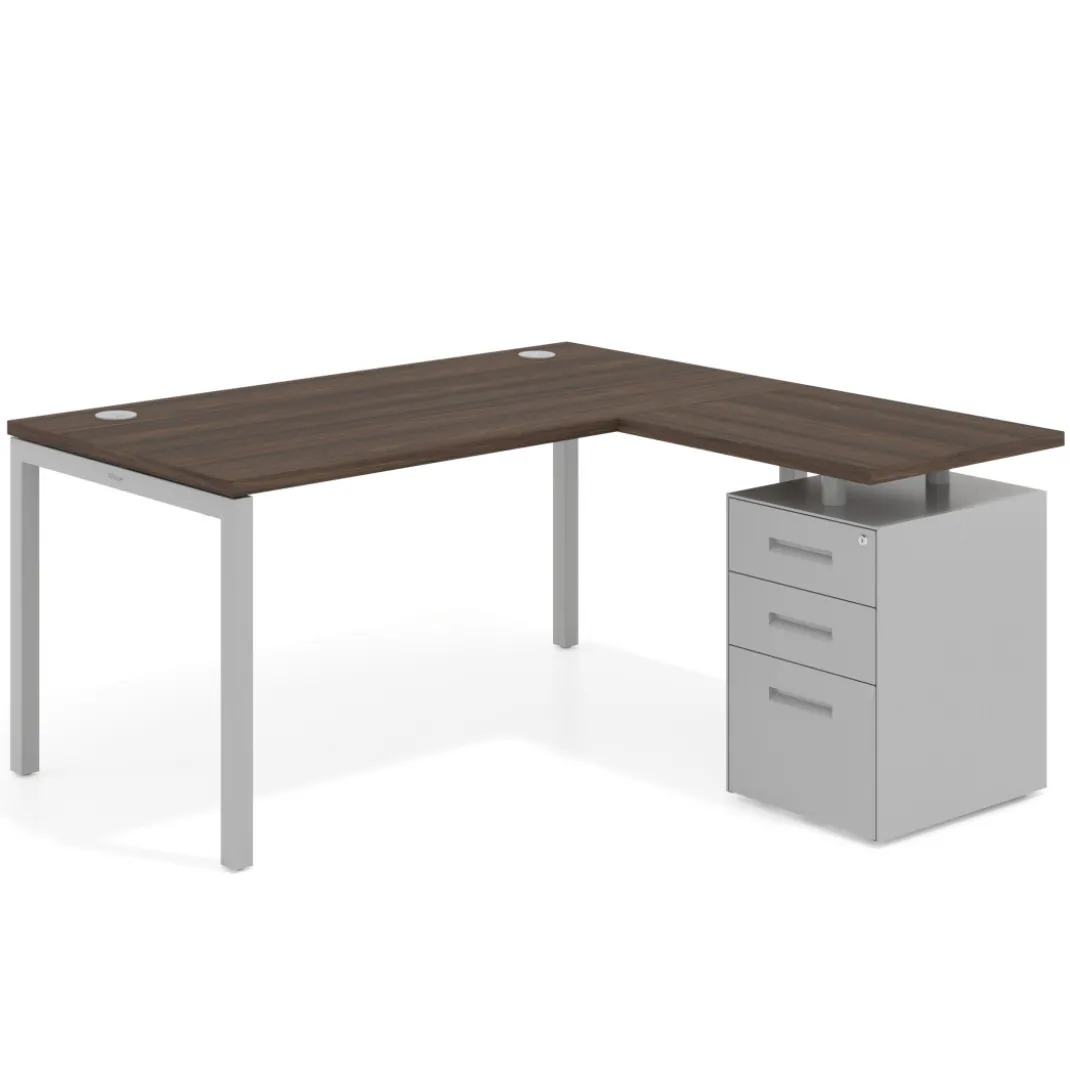 Mesa de oficina en L con cajones Kube fondo 80, ala corta, frontales metal, estructura aluminio