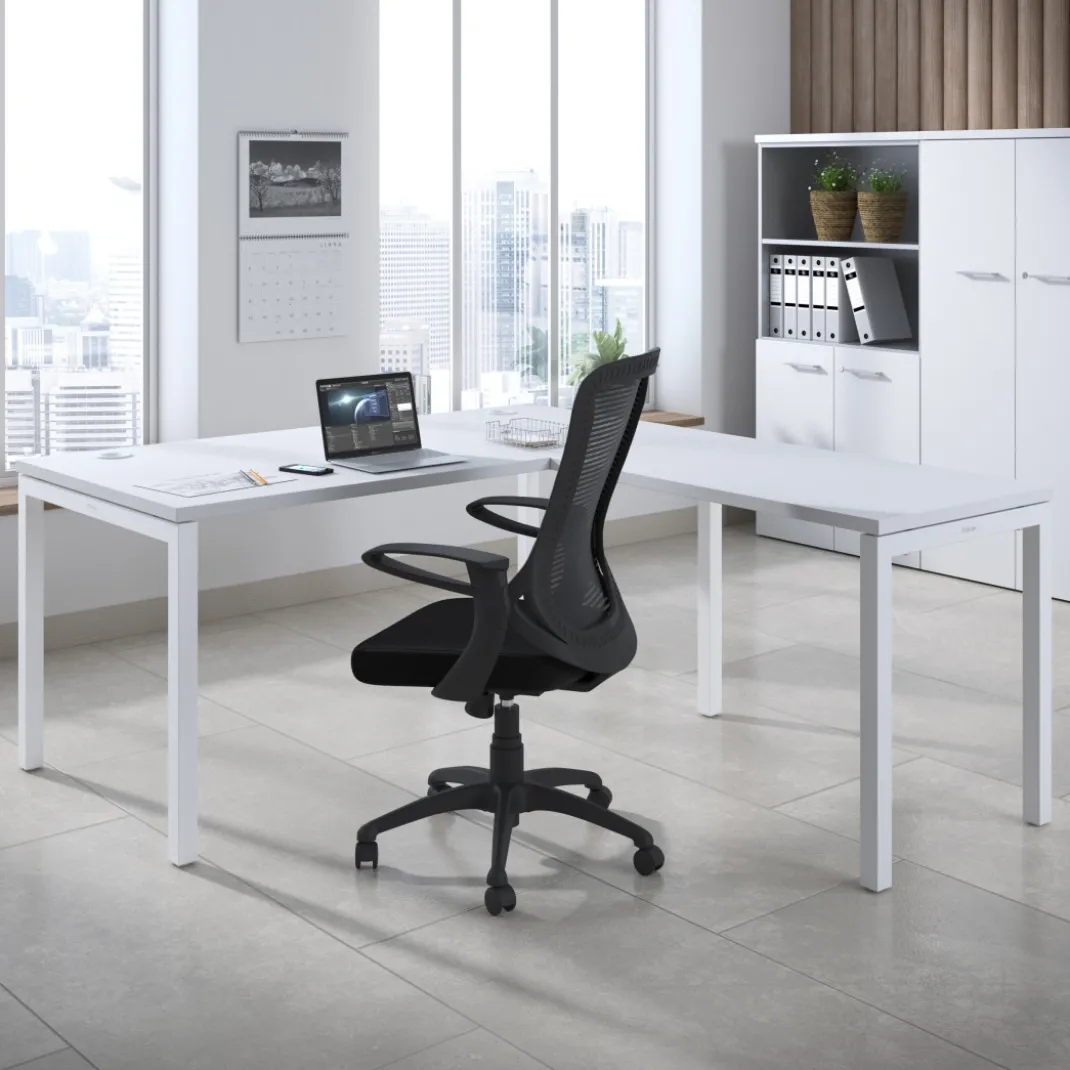 Mesa de oficina en L Kube fondo 80cm con ala, estructura blanca