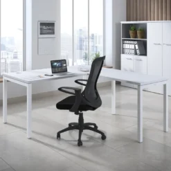 Mesa de oficina en L Kube fondo 80cm con ala, estructura blanca