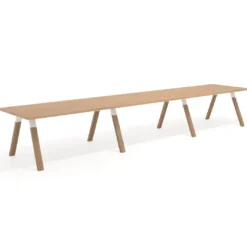 Mesa de oficina progresiva UvePro triple, fondo 100cm, estructura blanca, patas de madera