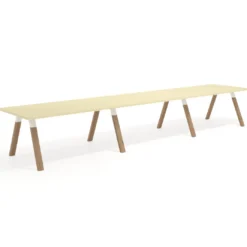 Mesa de oficina progresiva UvePro triple, fondo 100cm, estructura blanca, patas de madera