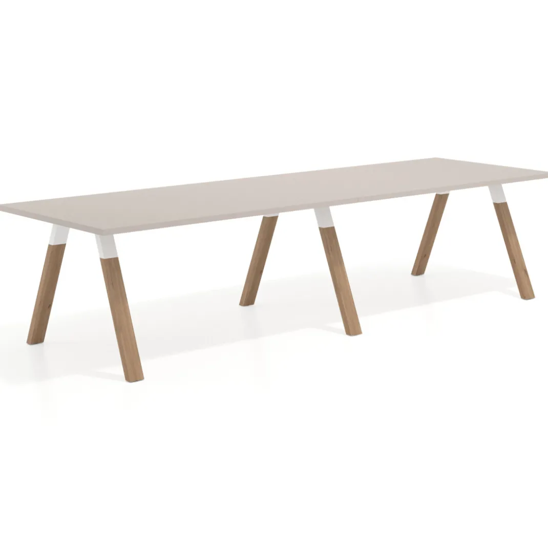 Mesa de oficina progresiva UvePro doble, fondo 100cm, estructura blanca, patas de madera