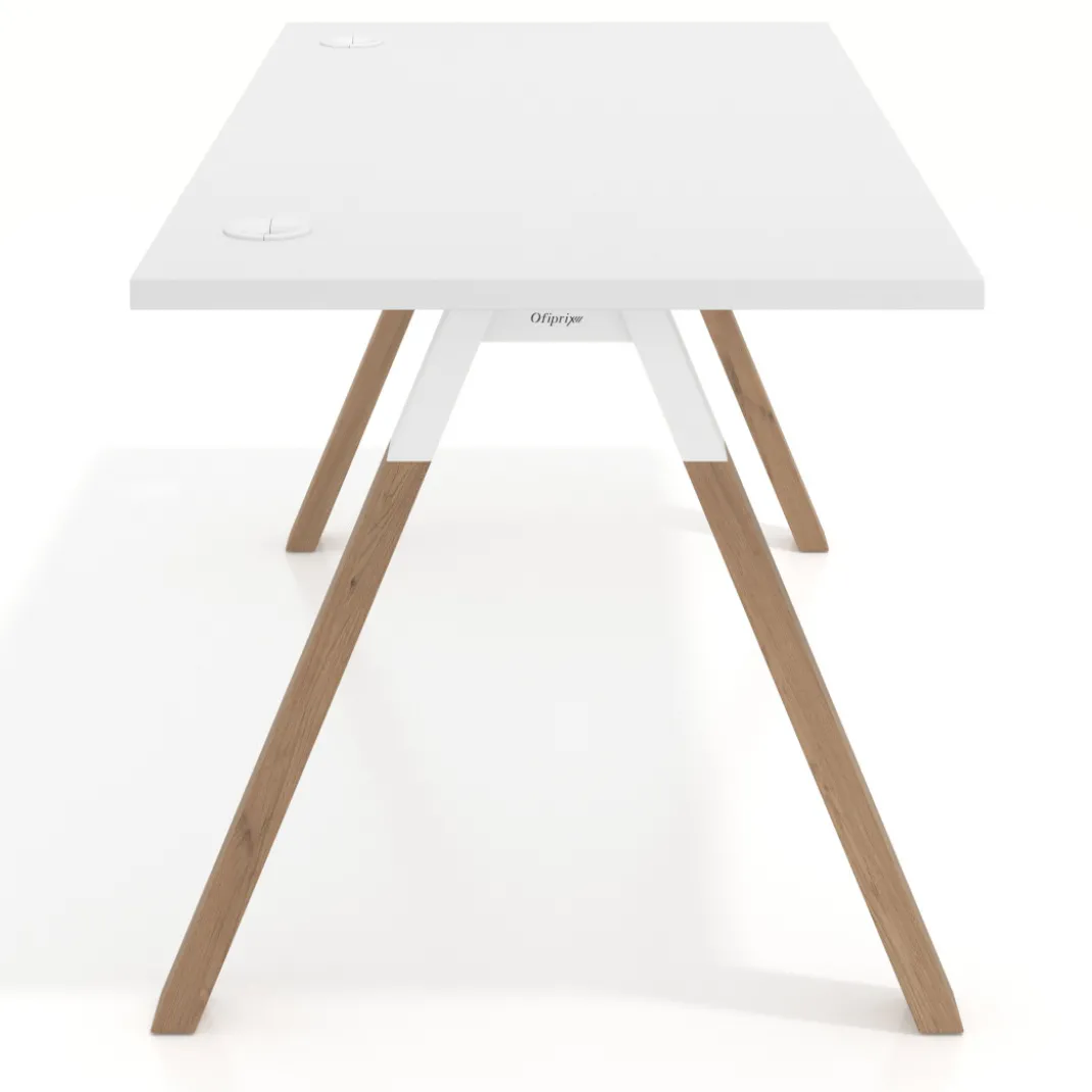 Mesa de oficina UvePro fondo 80cm, estructura blanca con patas de madera