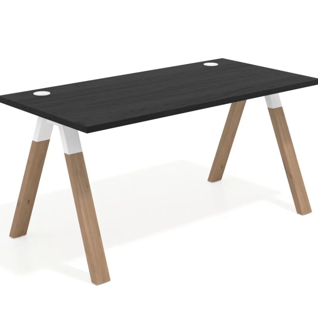 Mesa de oficina UvePro fondo 80cm, estructura blanca con patas de madera
