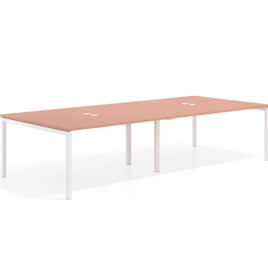 Mesa de reuniones doble Kube, encimera continua, fondo 142 cm, estructura blanca