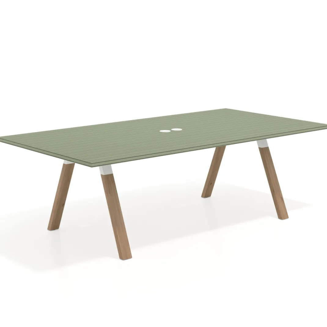 Mesa de reuniones rectangular UvePro fondo 126, patas interior, estructura blanca/madera