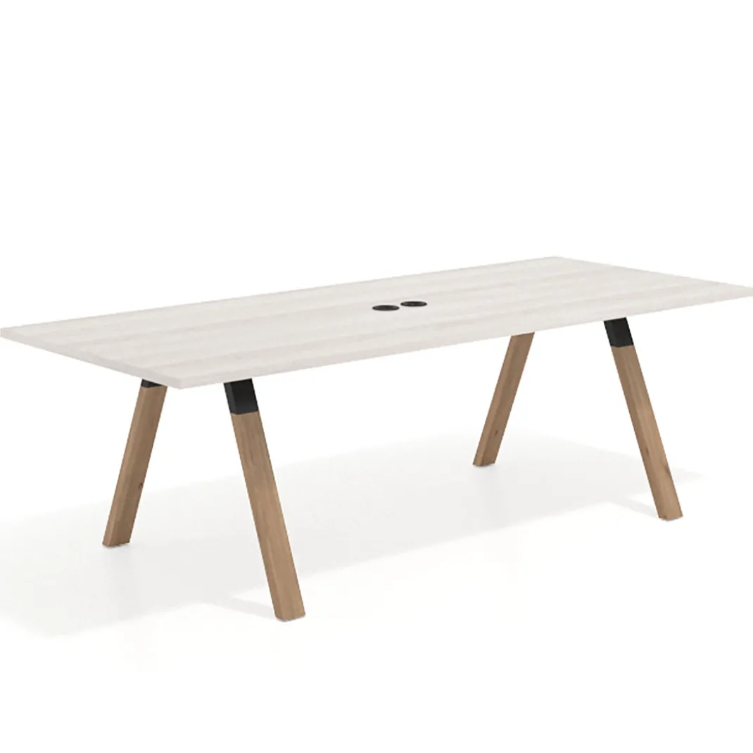 Mesa de reuniones rectangular UvePro fondo 100cm, estructura negra, patas de madera