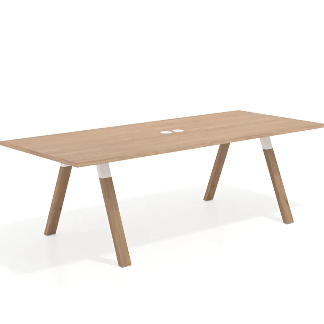 Mesa de reuniones rectangular UvePro fondo 100cm, estructura blanca, patas de madera