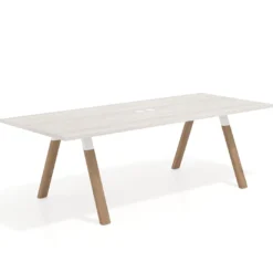 Mesa de reuniones rectangular UvePro fondo 100cm, estructura blanca, patas de madera