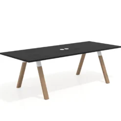 Mesa de reuniones rectangular UvePro fondo 100cm, estructura blanca, patas de madera