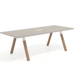 Mesa de reuniones rectangular UvePro fondo 100cm, estructura blanca, patas de madera