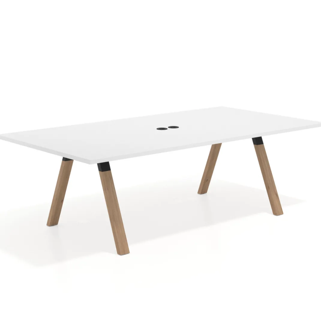 Mesa de reuniones rectangular UvePro fondo 126, patas interior, estructura negra/madera