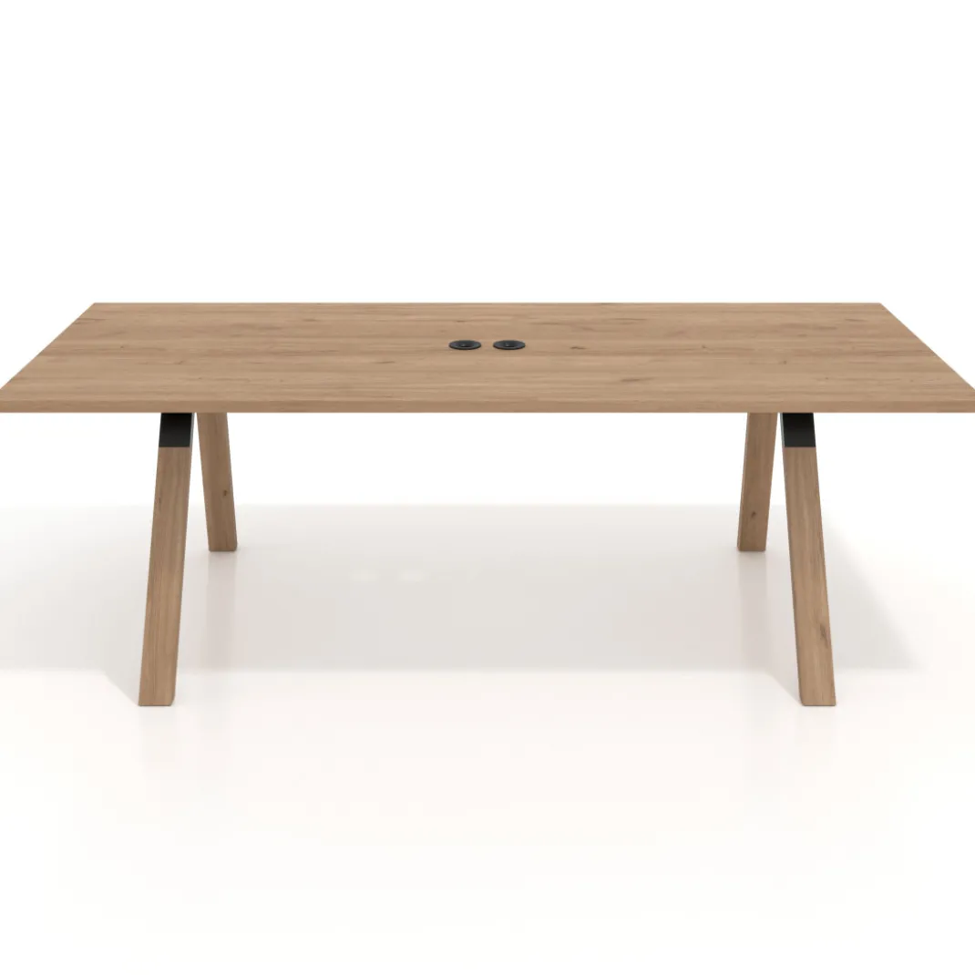 Mesa de reuniones rectangular UvePro fondo 100cm, estructura negra, patas de madera
