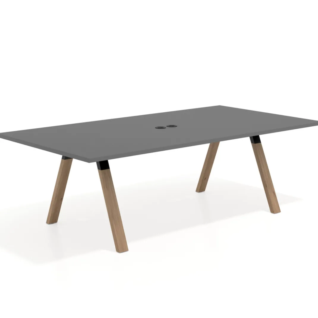Mesa de reuniones rectangular UvePro fondo 126, patas interior, estructura negra/madera