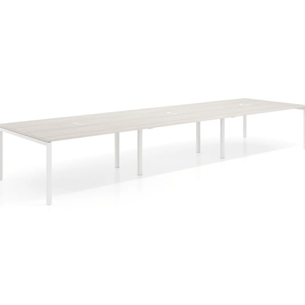 Mesa de reuniones triple Kube, encimera continua, fondo 142 cm, estructura blanca