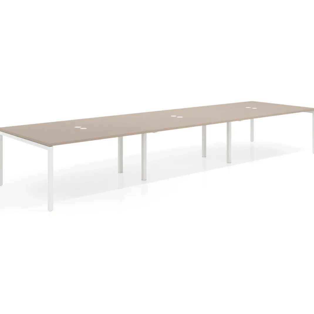 Mesa de reuniones triple Kube, encimera continua, fondo 142 cm, estructura blanca