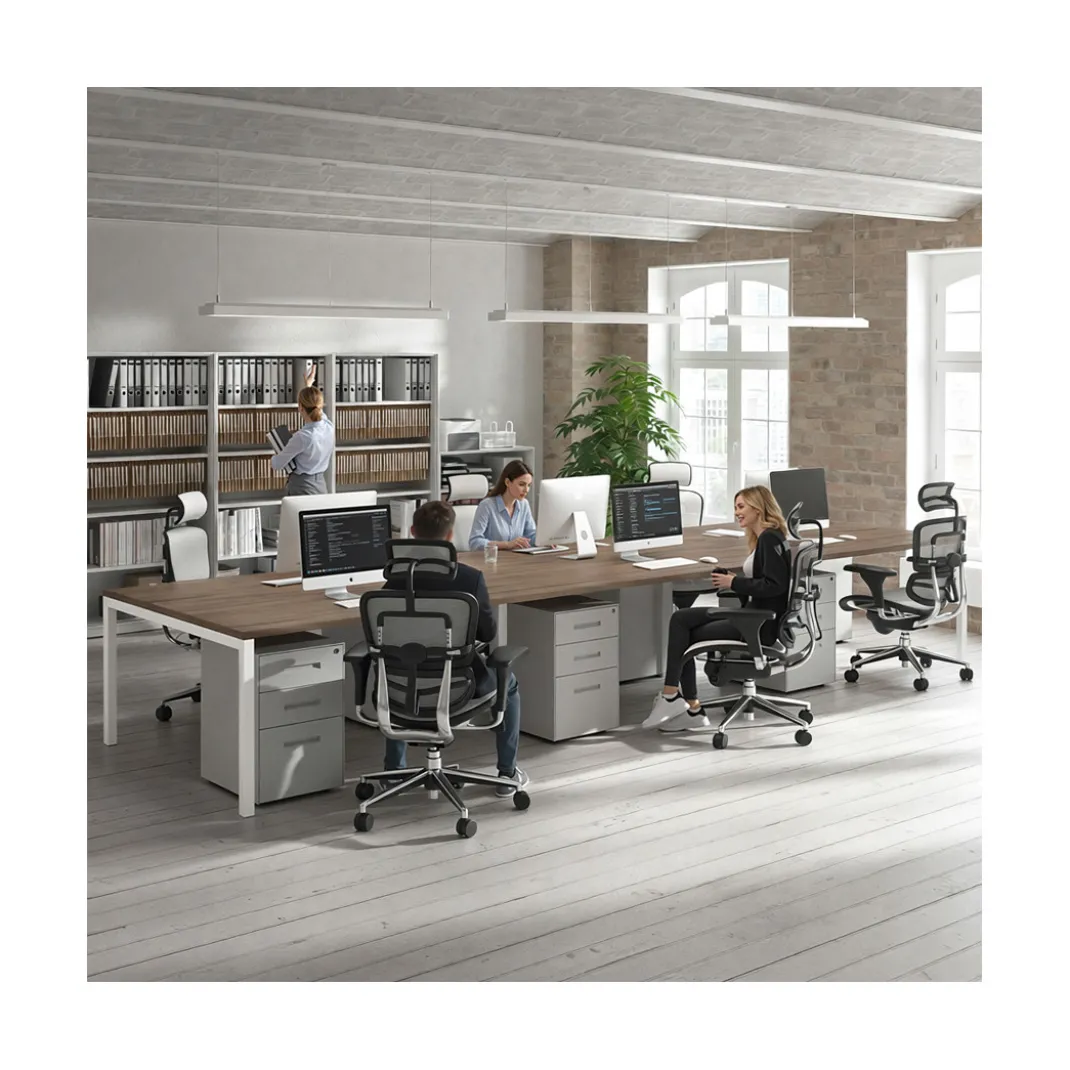 Mesa de reuniones triple Kube, encimera continua, fondo 142 cm, estructura blanca