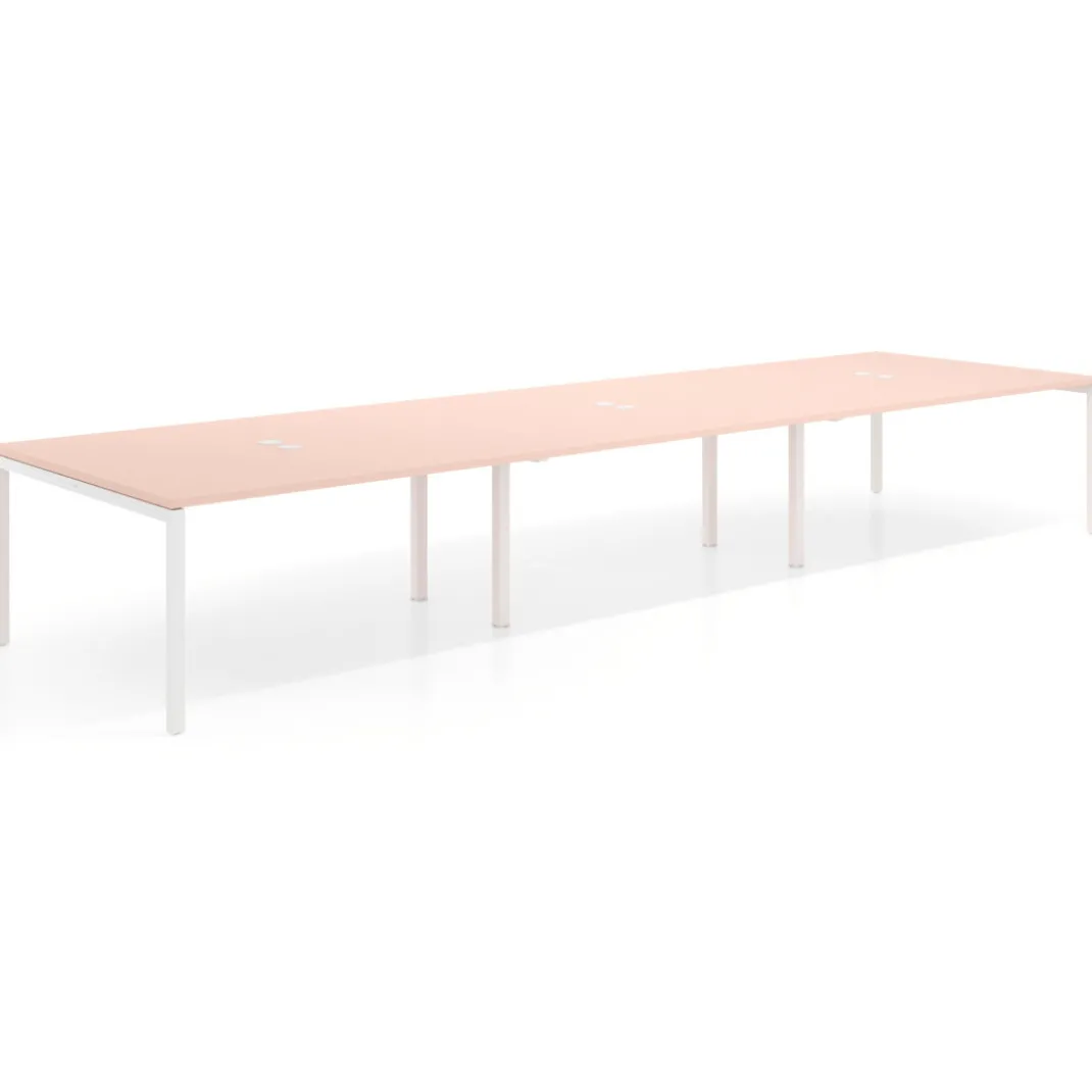 Mesa de reuniones triple Kube, encimera continua, fondo 142 cm, estructura blanca