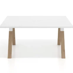 Mesa doble individual para coworking UvePro fondo 126 cm estructura blanca con patas de madera