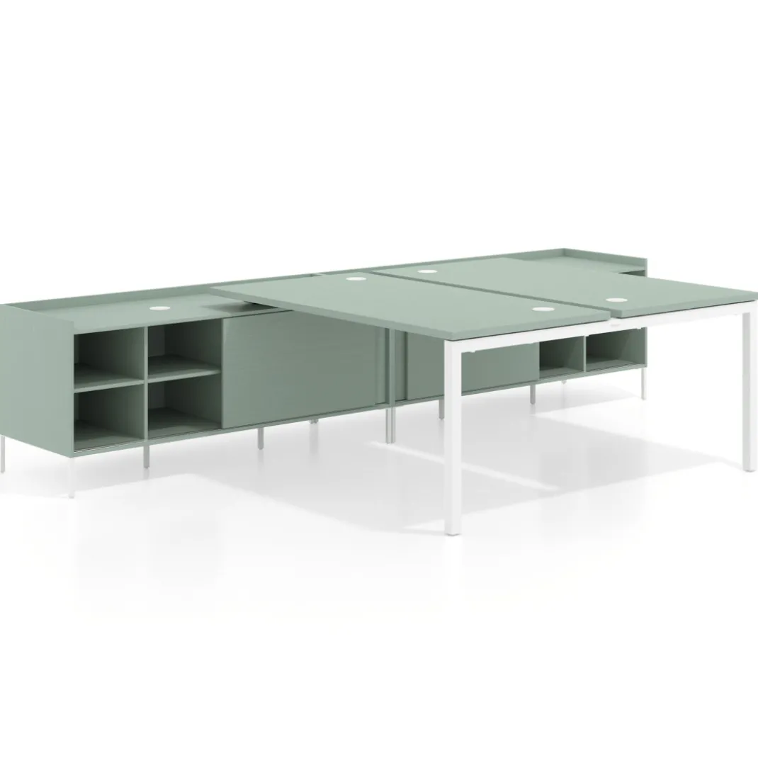 Mesa multipuesto con pedestal estantes Kube, encimera única, estructura blanca