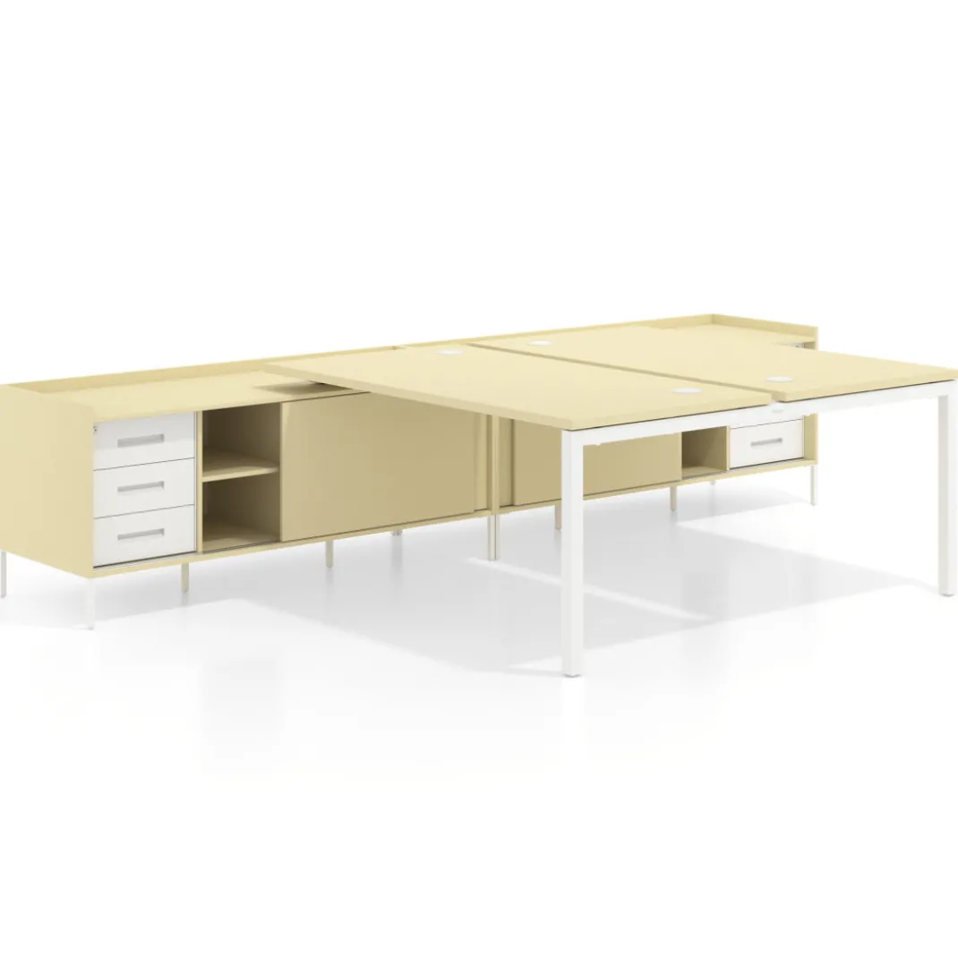 Mesa multipuesto con pedestal cajonera Kube, encimera única, estructura blanca