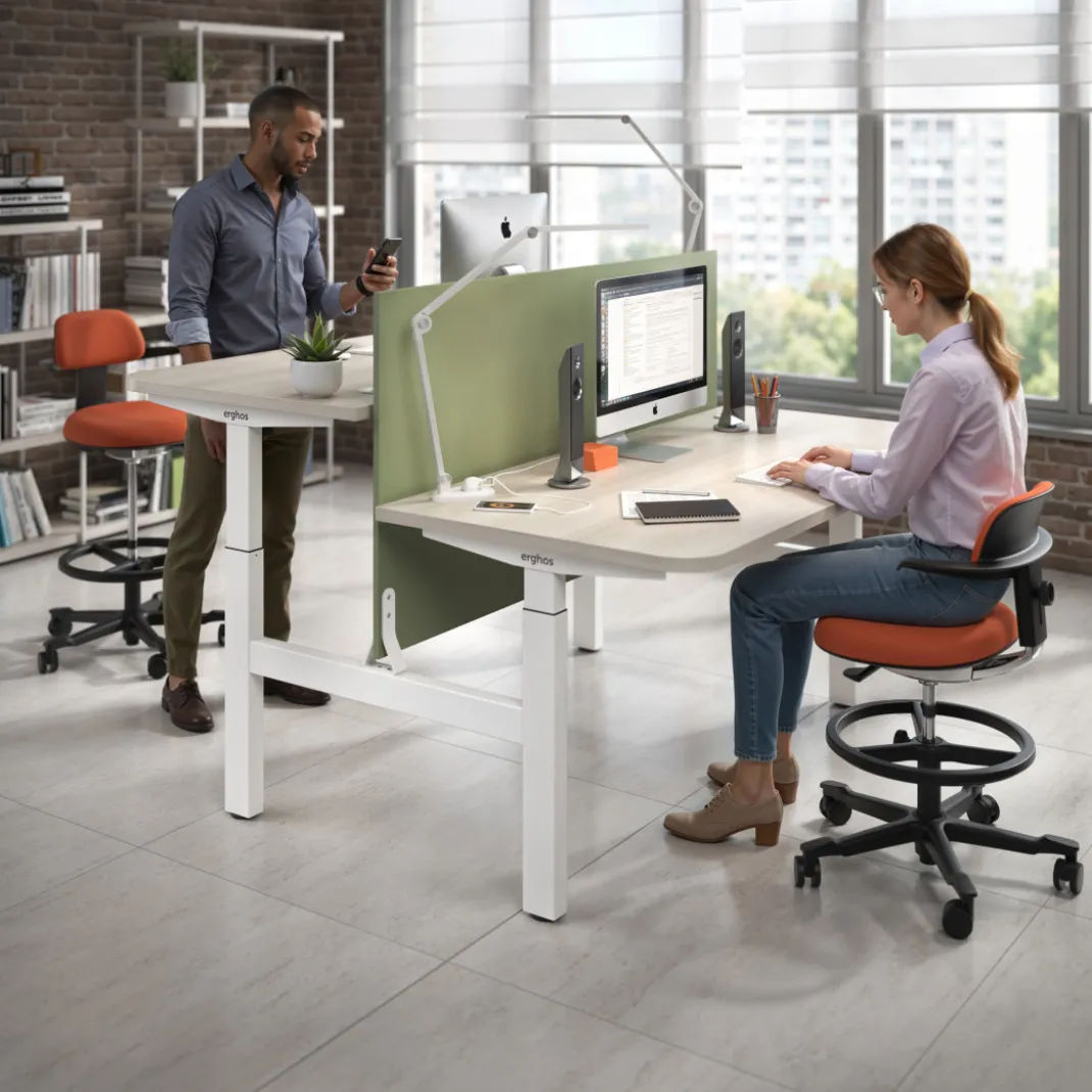 Mesa Multipuesto Elevable eléctrica Erghos Motion estructura blanca 2 cantos curvos