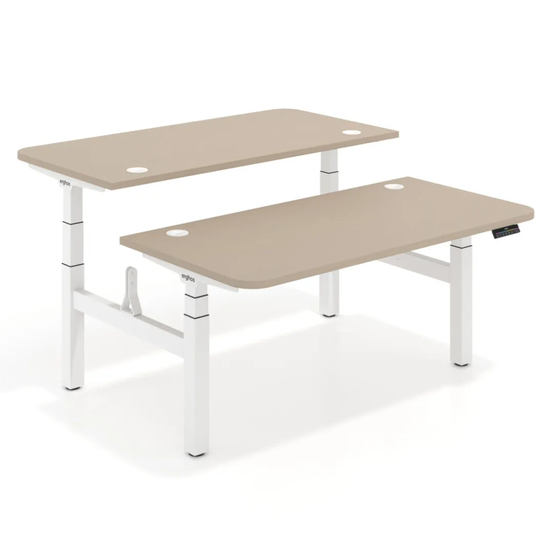 Mesa Multipuesto Elevable eléctrica Erghos Motion Pro estructura blanca 2 cantos curvos