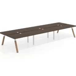 Mesa multipuesto UvePro Bench triple, fondo 166 cm, sobre curvo, estructura blanca/madera