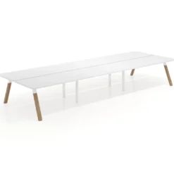 Mesa multipuesto UvePro Bench triple, fondo 166 cm, sobre curvo, estructura blanca/madera
