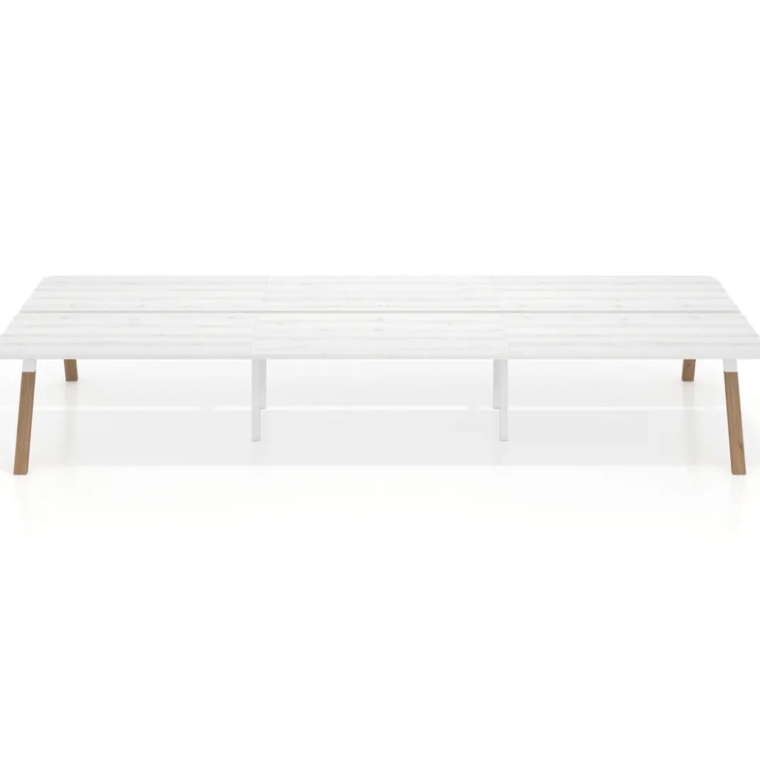 Mesa multipuesto UvePro Bench triple, fondo 166 cm, sobre curvo, estructura blanca/madera