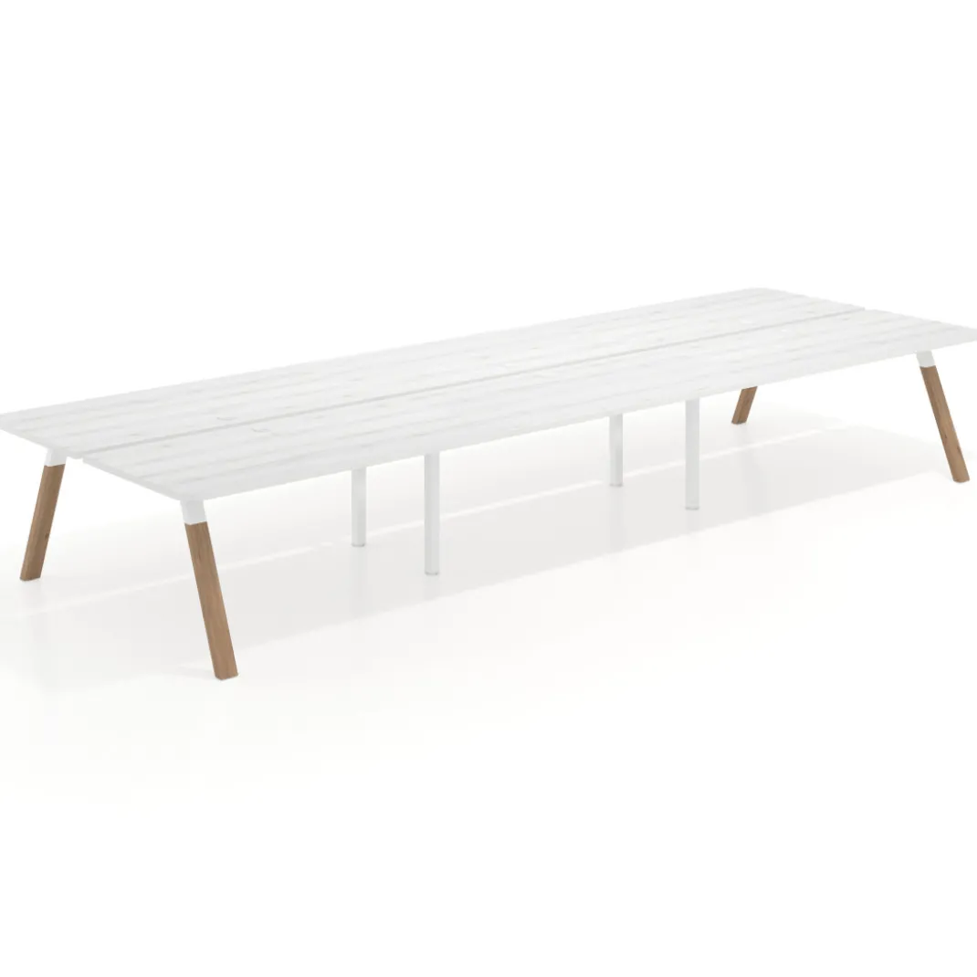 Mesa multipuesto UvePro Bench triple, fondo 166 cm, sobre curvo, estructura blanca/madera