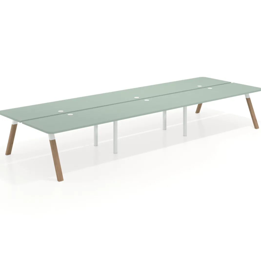Mesa multipuesto UvePro Bench triple, fondo 166 cm, sobre curvo, estructura blanca/madera