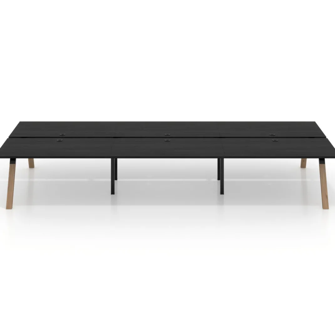 Mesa multipuesto UvePro Bench triple, fondo 166 cm, estructura negra/madera