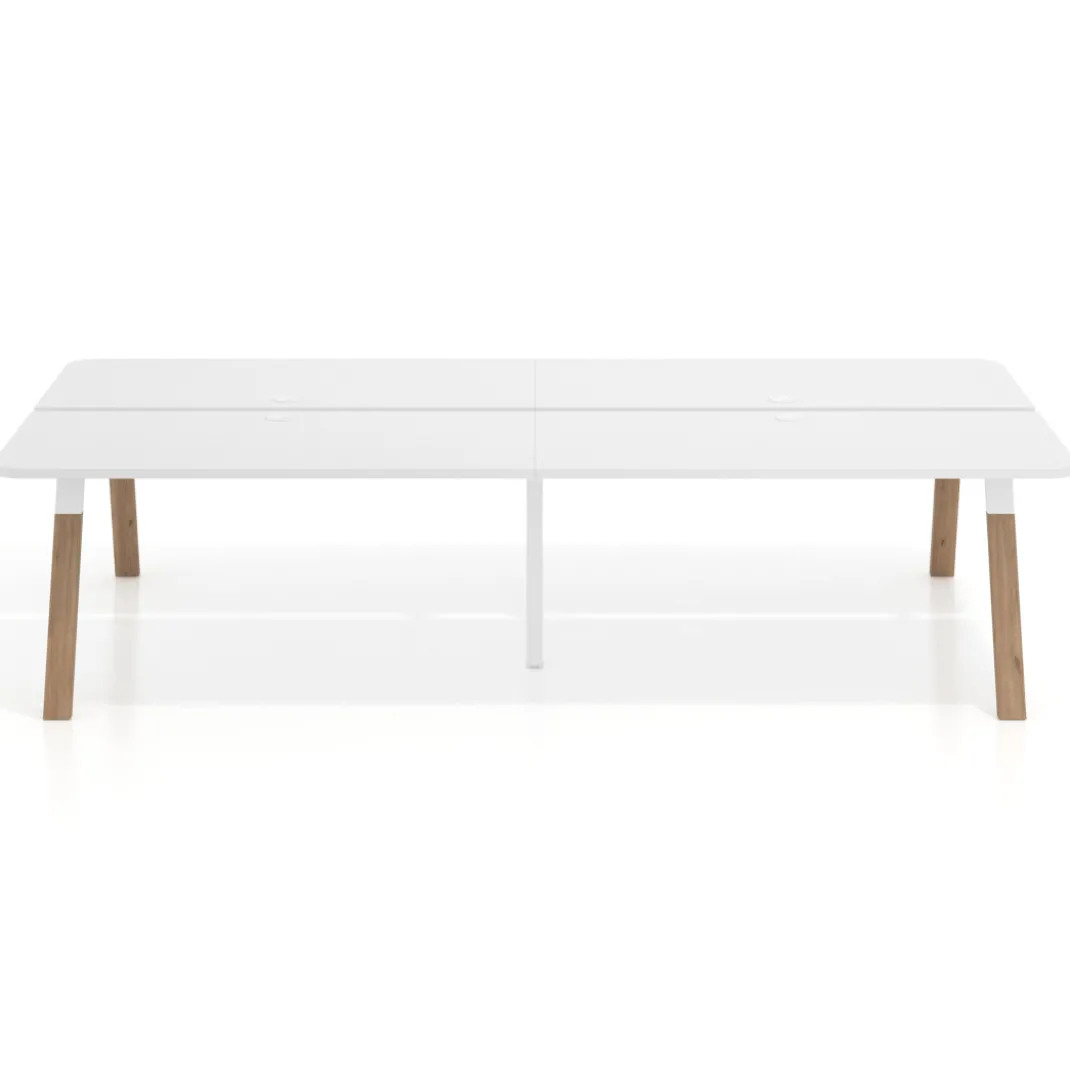 Mesa multipuesto UvePro Bench doble, fondo 166 cm, sobre curvo, estructura blanca/madera