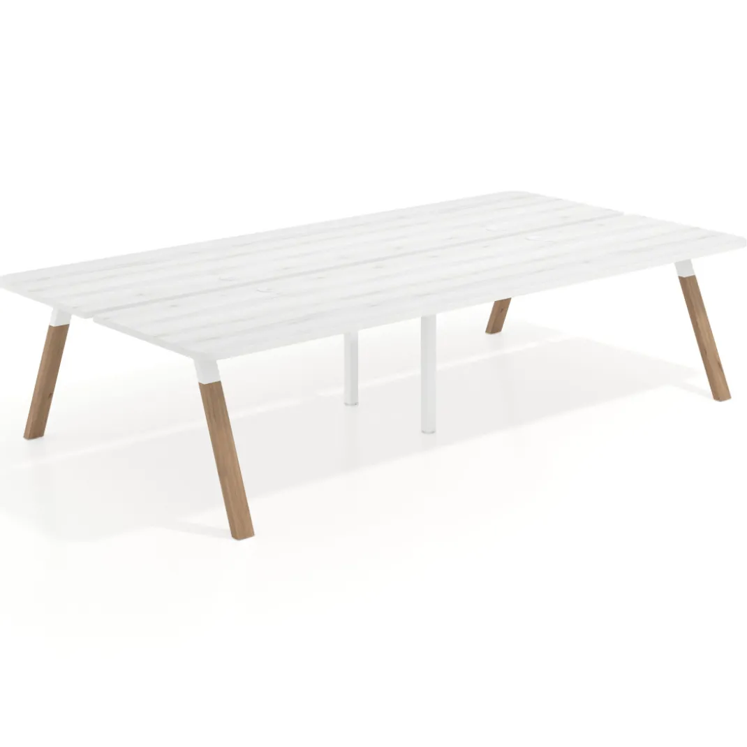 Mesa multipuesto UvePro Bench doble, fondo 166 cm, sobre curvo, estructura blanca/madera