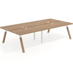 Mesa multipuesto UvePro Bench doble, fondo 166 cm, sobre curvo, estructura blanca/madera