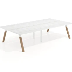Mesa multipuesto UvePro Bench doble, fondo 166 cm, sobre curvo, estructura blanca/madera