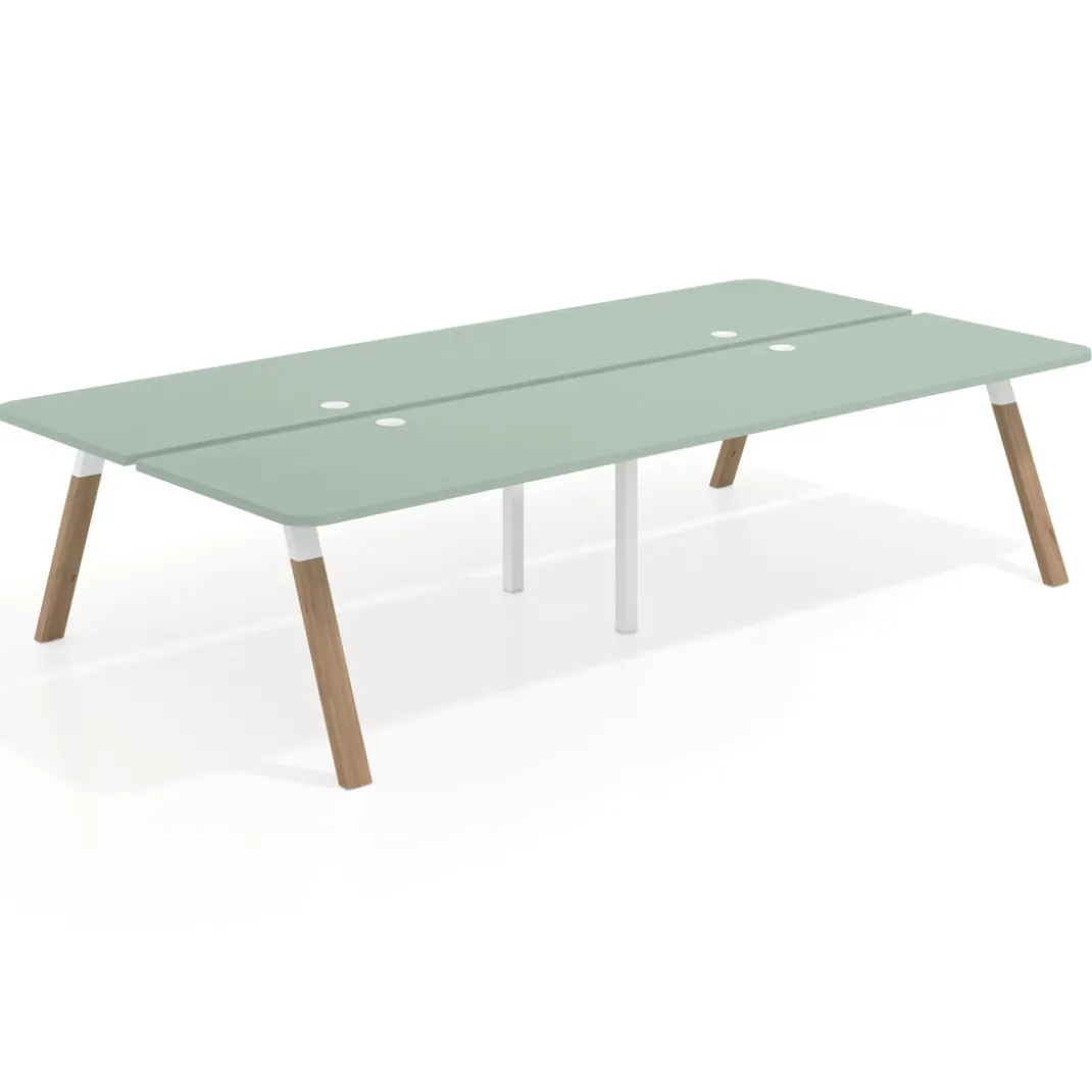 Mesa multipuesto UvePro Bench doble, fondo 166 cm, sobre curvo, estructura blanca/madera