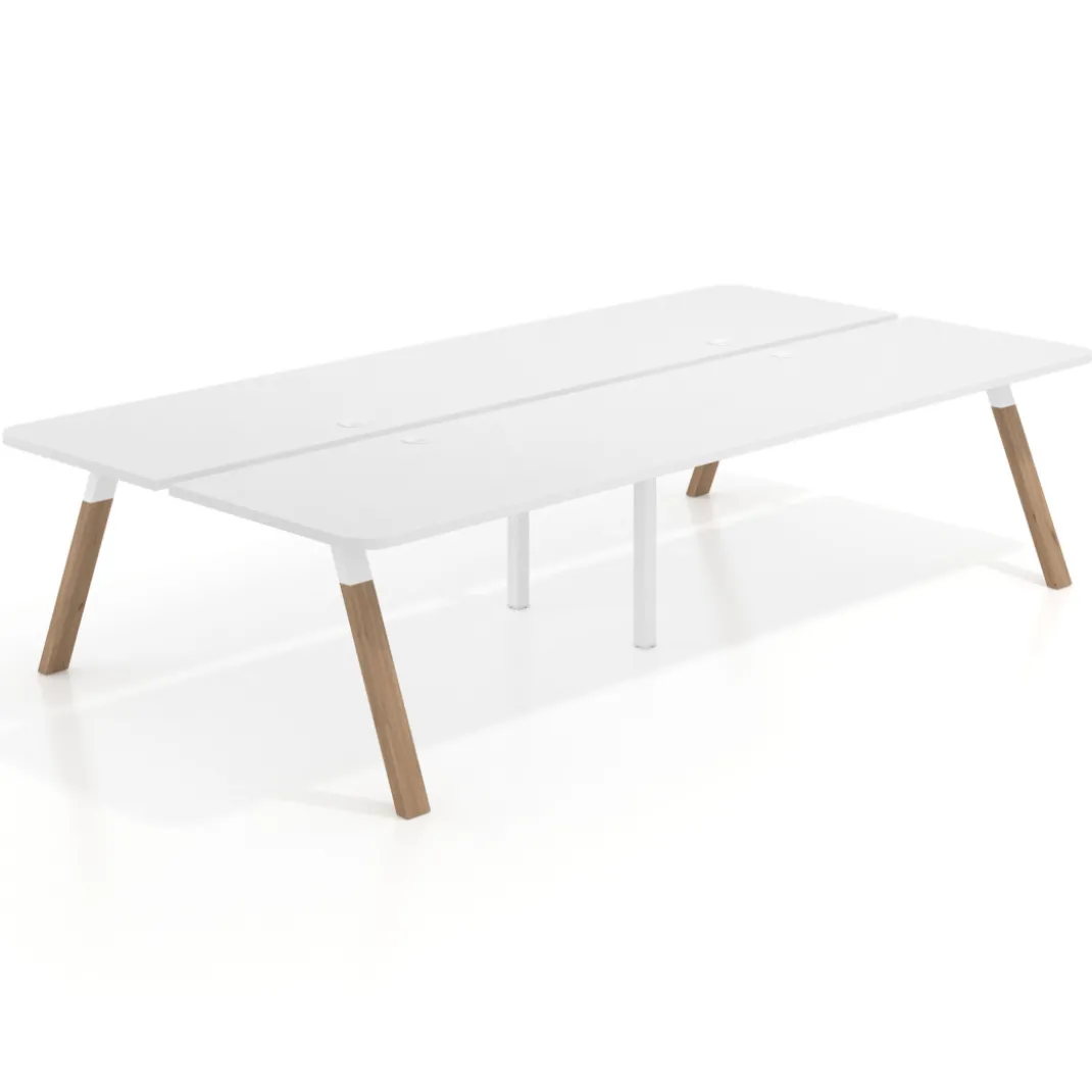 Mesa multipuesto UvePro Bench doble, fondo 166 cm, sobre curvo, estructura blanca/madera