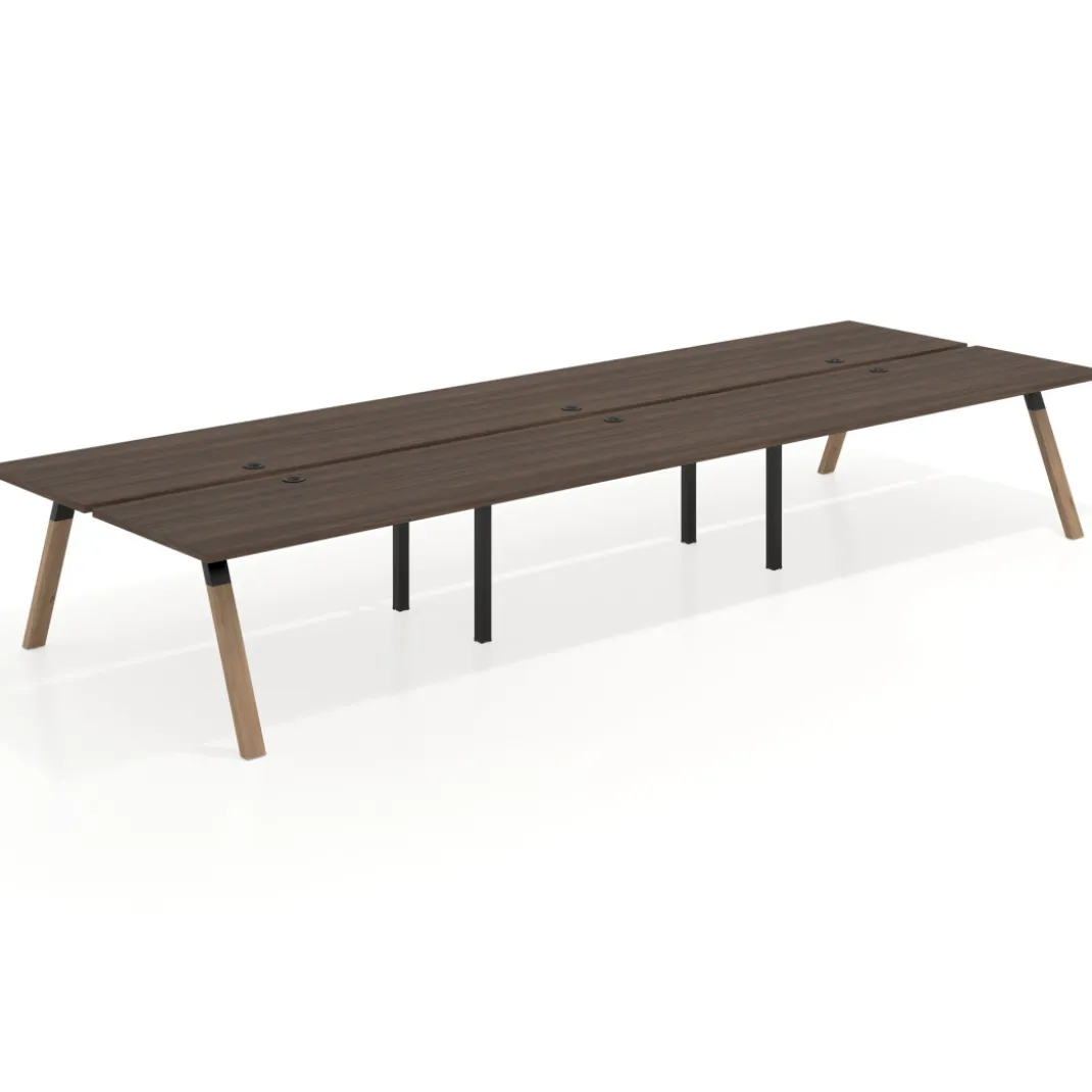 Mesa multipuesto UvePro Bench triple, fondo 166 cm, estructura negra/madera